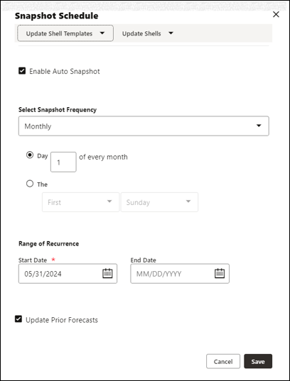 A Snapshot Schedule panel, with the Enable Auto Snapshot option checked.