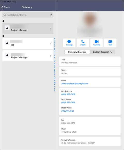 A project directory listing on iOS, showing directory information and providing options to contact the user via message, phone call, FaceTime, or email.