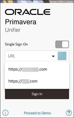 The Unifier mobile login screen, showing an option to log in to a specific server.
