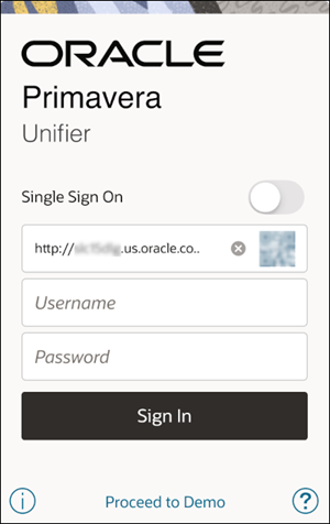 The Unifier mobile login screen, showing multiple servers from which the user may choose.