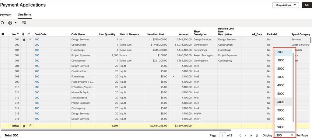 ALT: the pagination options in the Payment Applications business process.