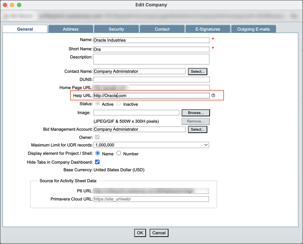 Configure the help link in the General Tab of the Company Properties panel.