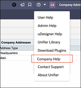 Company Help showing in the user's Help menu