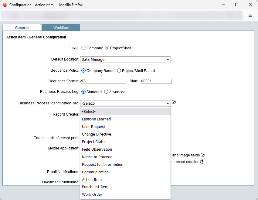 The General tab of the configuration screen for the Action Item business process, showing the business process identification tag drop-down.
