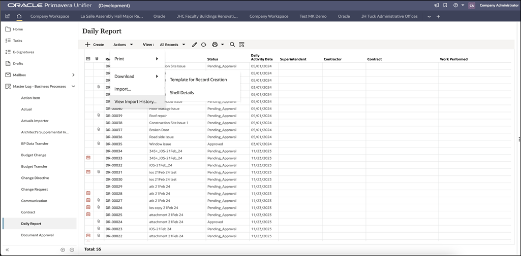 a new Actions menu in the Master Log Business Processes