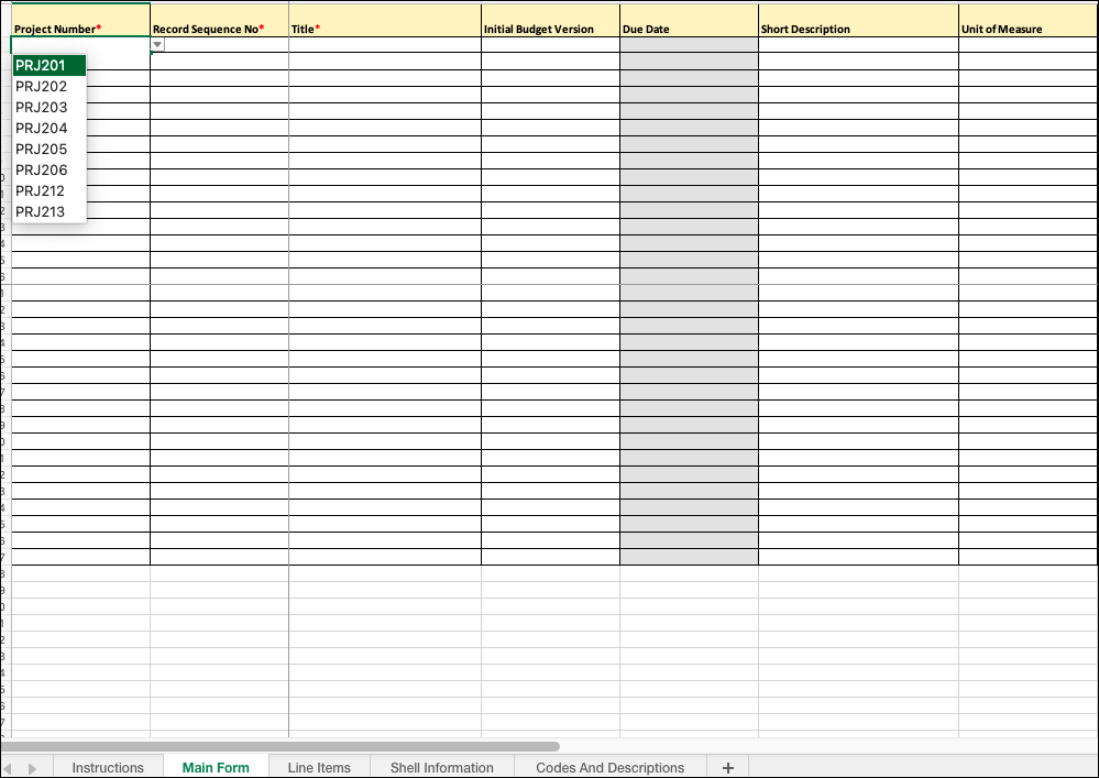 The Excel spreadsheet, showing a drop-down in the new Project Number column.