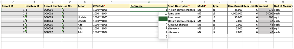 The standard line item tab for a bulk update spreadsheet of base or change commits.