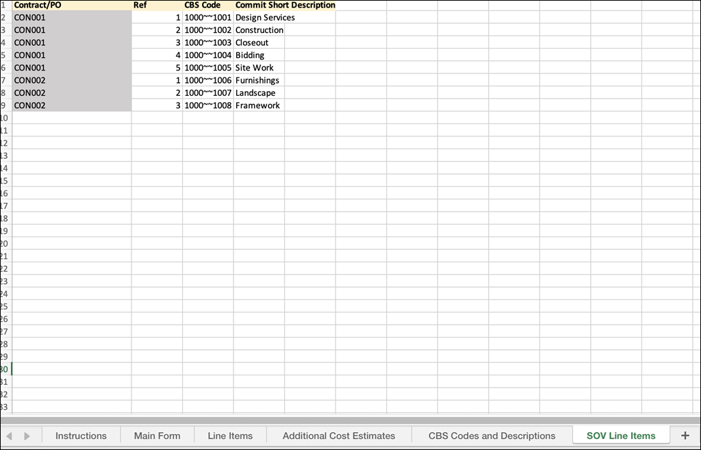 The SOV Line Items tab of the bulk update spreadsheet, listing SOV lines for referenced contracts.