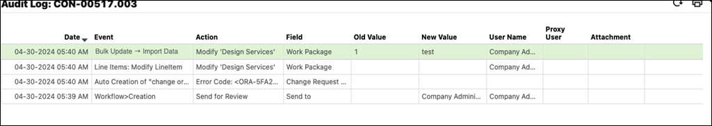Audit log showing that bulk updates have occurred in a BP record.
