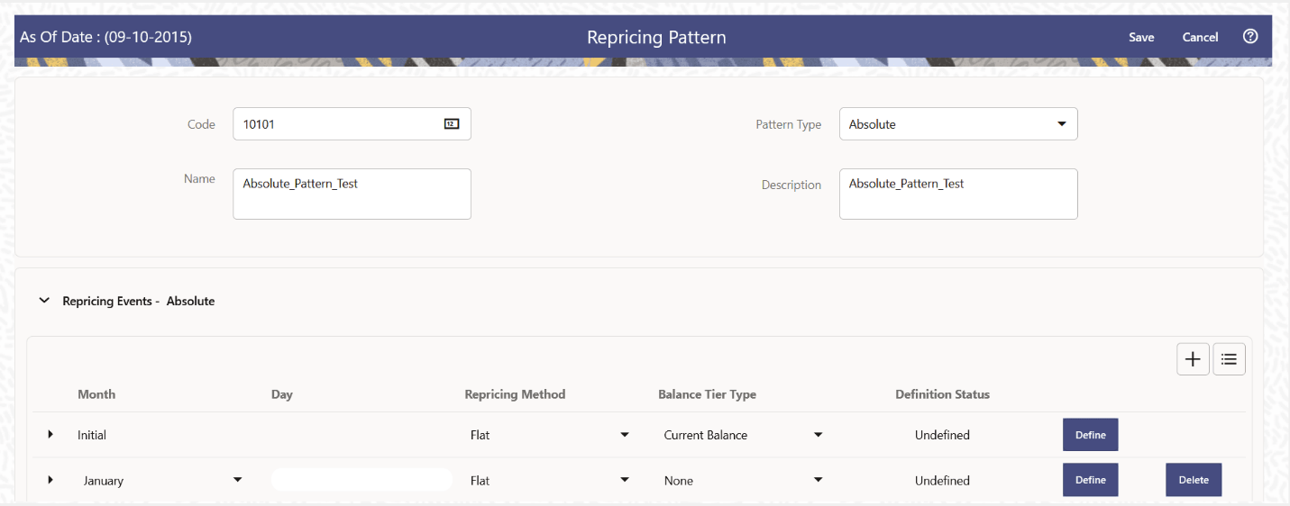 This illustration shows the Repricing Pattern Page to Define Absolute Repricing Pattern.