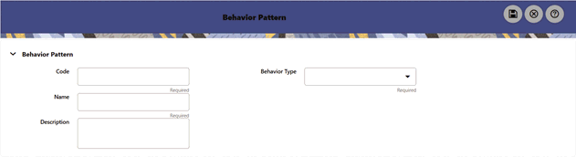 You use the Behavior Patterns page to create a new behavior pattern by defining details such as a unique code for the pattern being created, name, description, and type. You can select non-maturity, or non-performing, or devolvement and recovery type for the behavior pattern. The Replicating Portfolio option is enabled only for the Non-Maturity Behavior Pattern. This option should be selected only when defining a Behavior Pattern for use in Funds Transfer Pricing – Tractor TP Method.