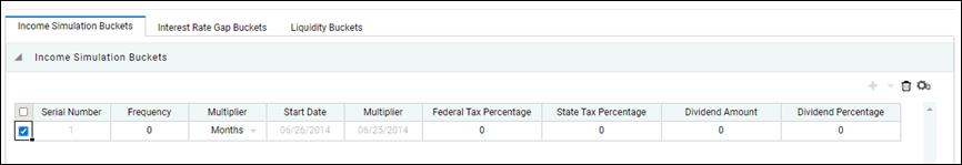 This illustration shows the Income Simulation Buckets tab of the Time Bucket Rule window. You must follow these steps. Add Rows and enter Frequency, Multiplier, Federal Tax Percentage and State Tax Percentage, Dividend Amount and Dividend Percentage, and then click Save.