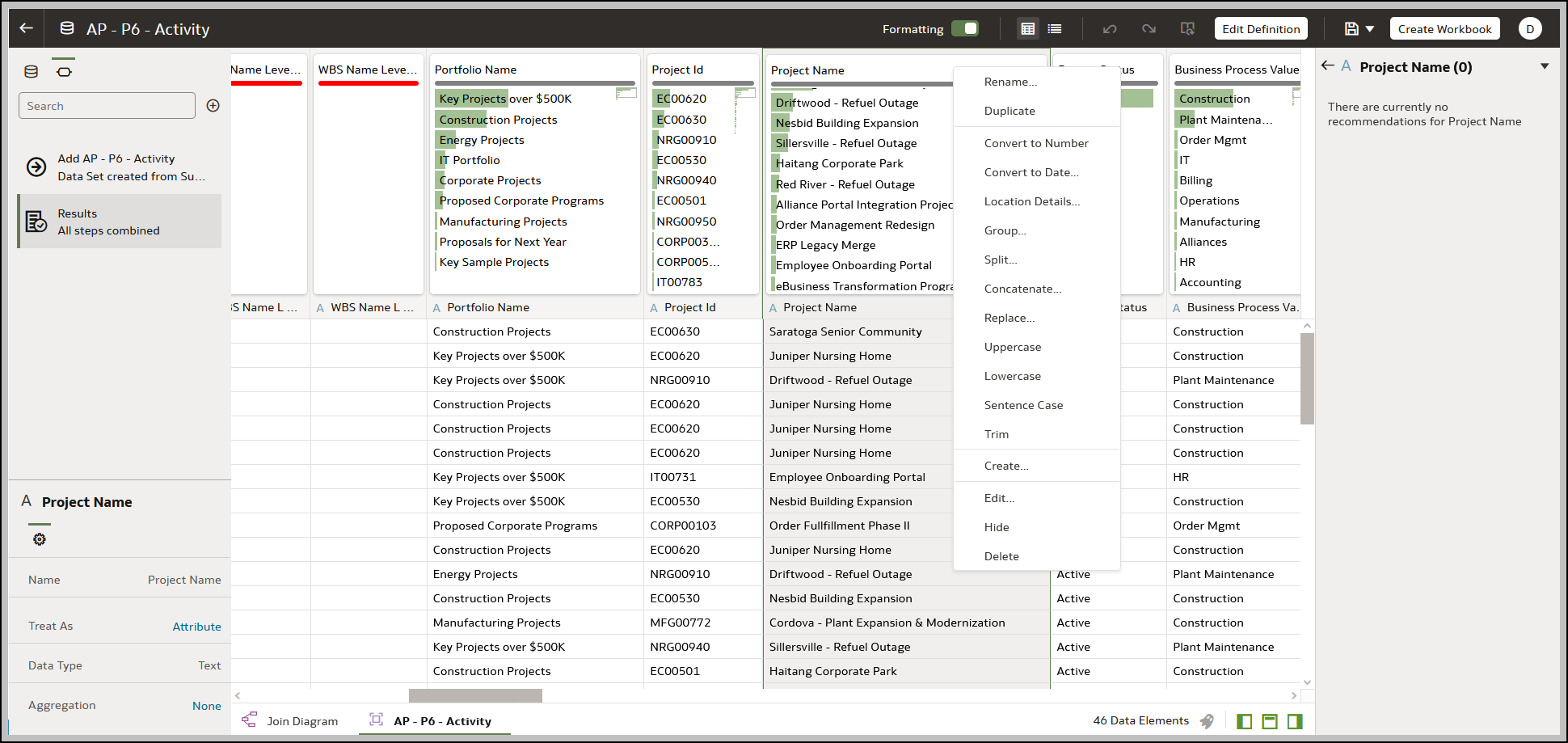 Column Transform Options for Data