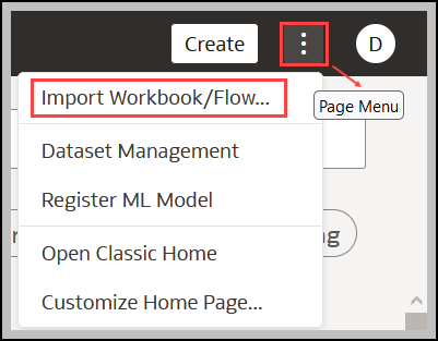 Page Menu Options on the Home Page