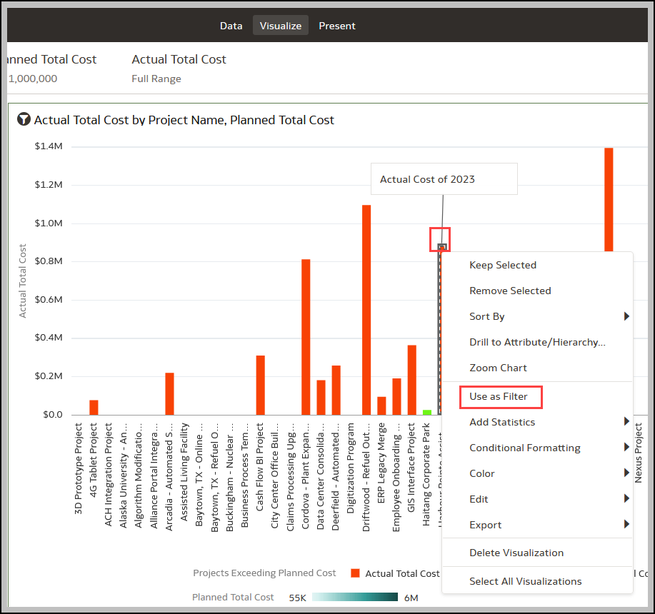 Use as Filter Menu Option to Filter on a Visualization