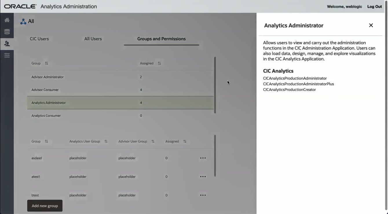 Screen showing the CICAnalyticsProductionAdministratorPlus role that has been added to the Analytics Administration IDCS Group.
