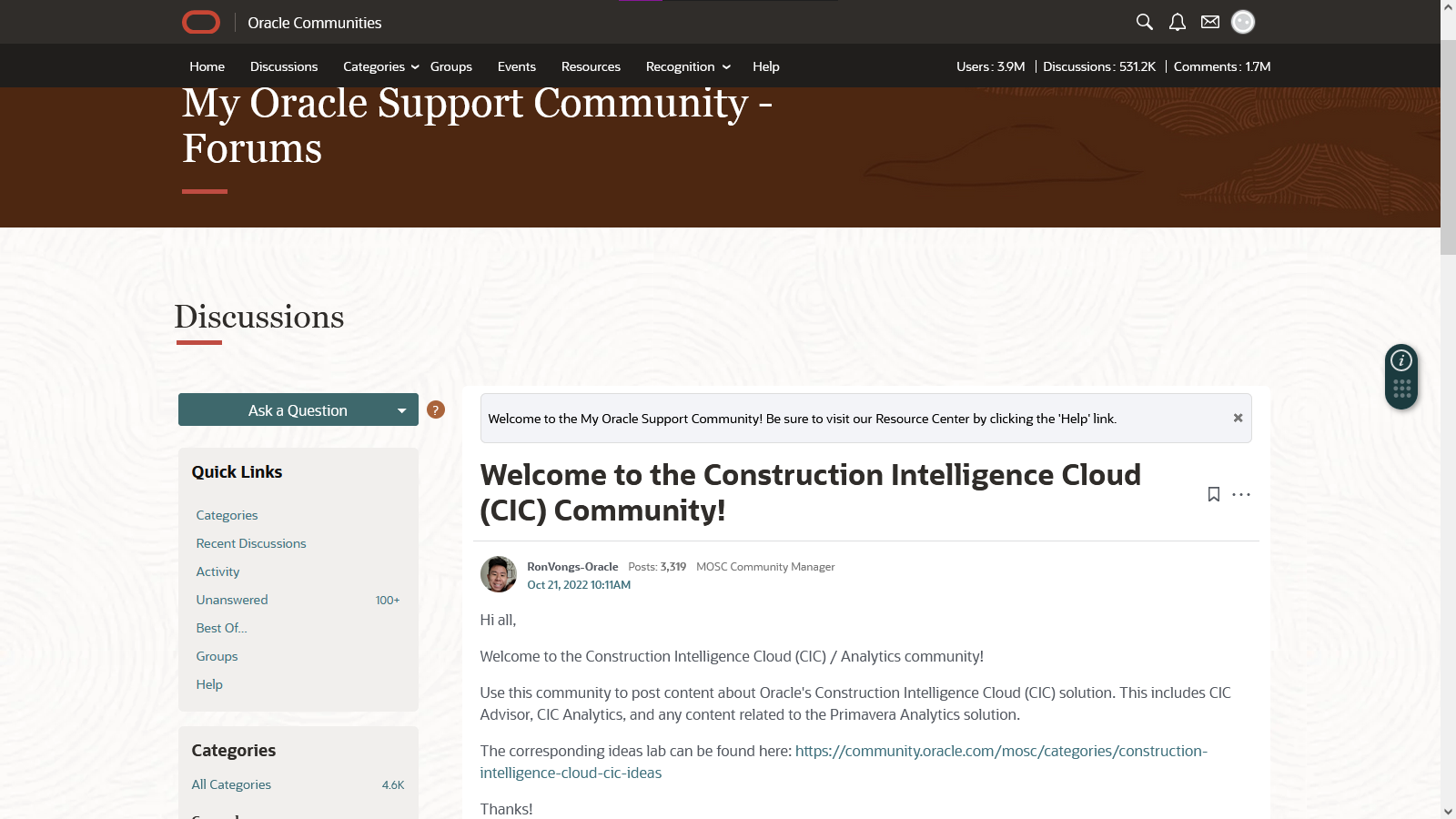 CIC community forum board's welcome post.