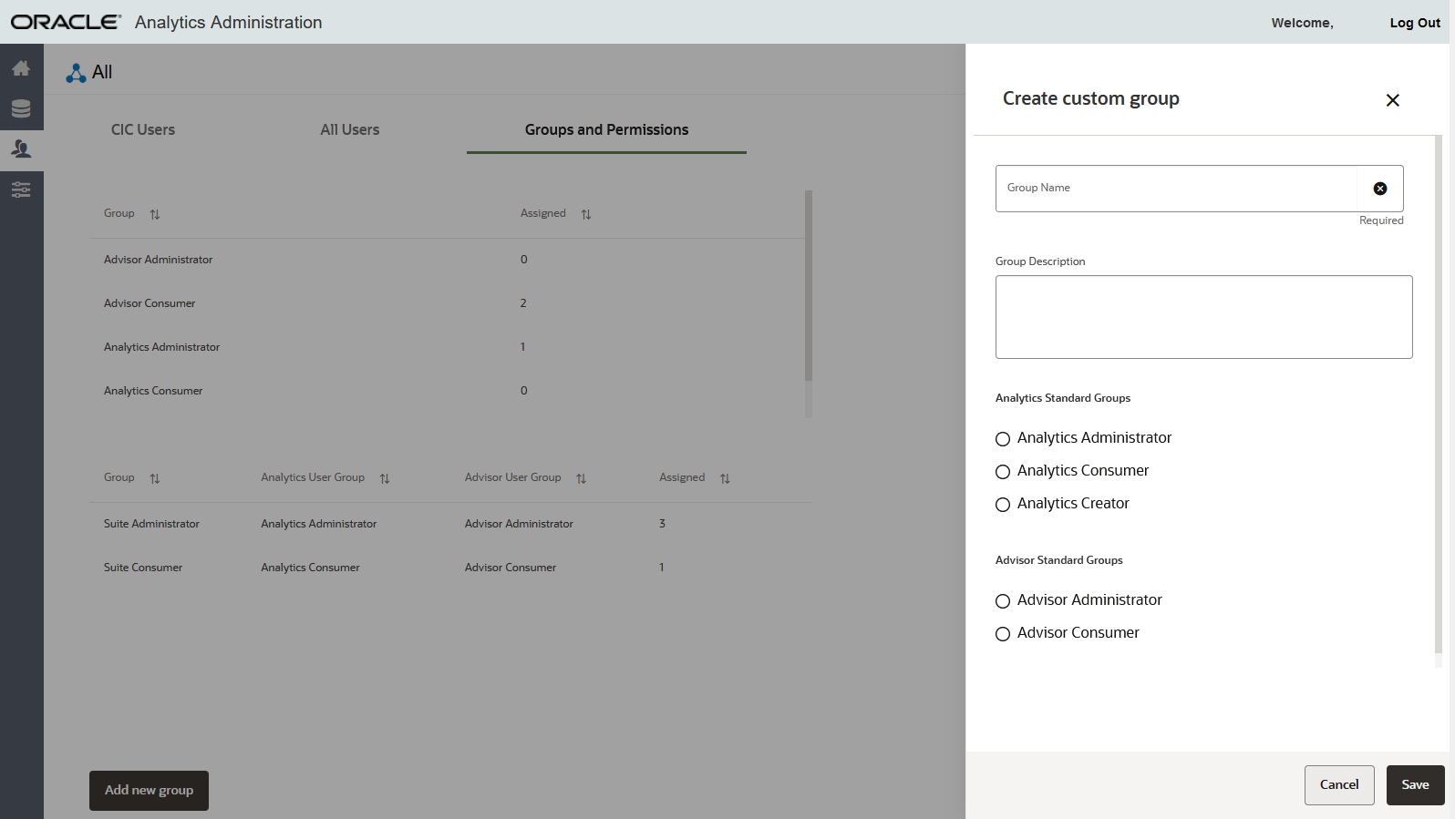 Panel to create a custom group in CIC Administration Application.
