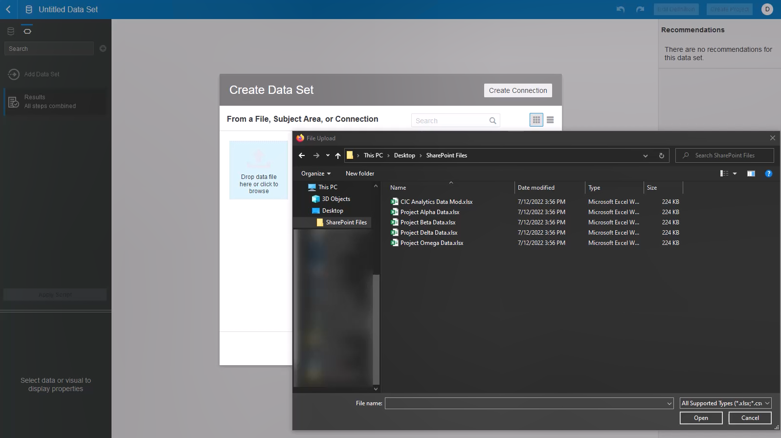 Image displays file being selected from SharePoint local folder to create a new data set in CIC Analytics.