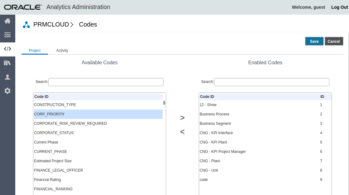 Administration Application Primavera Cloud Data Source showing the project codes that can be brought over.