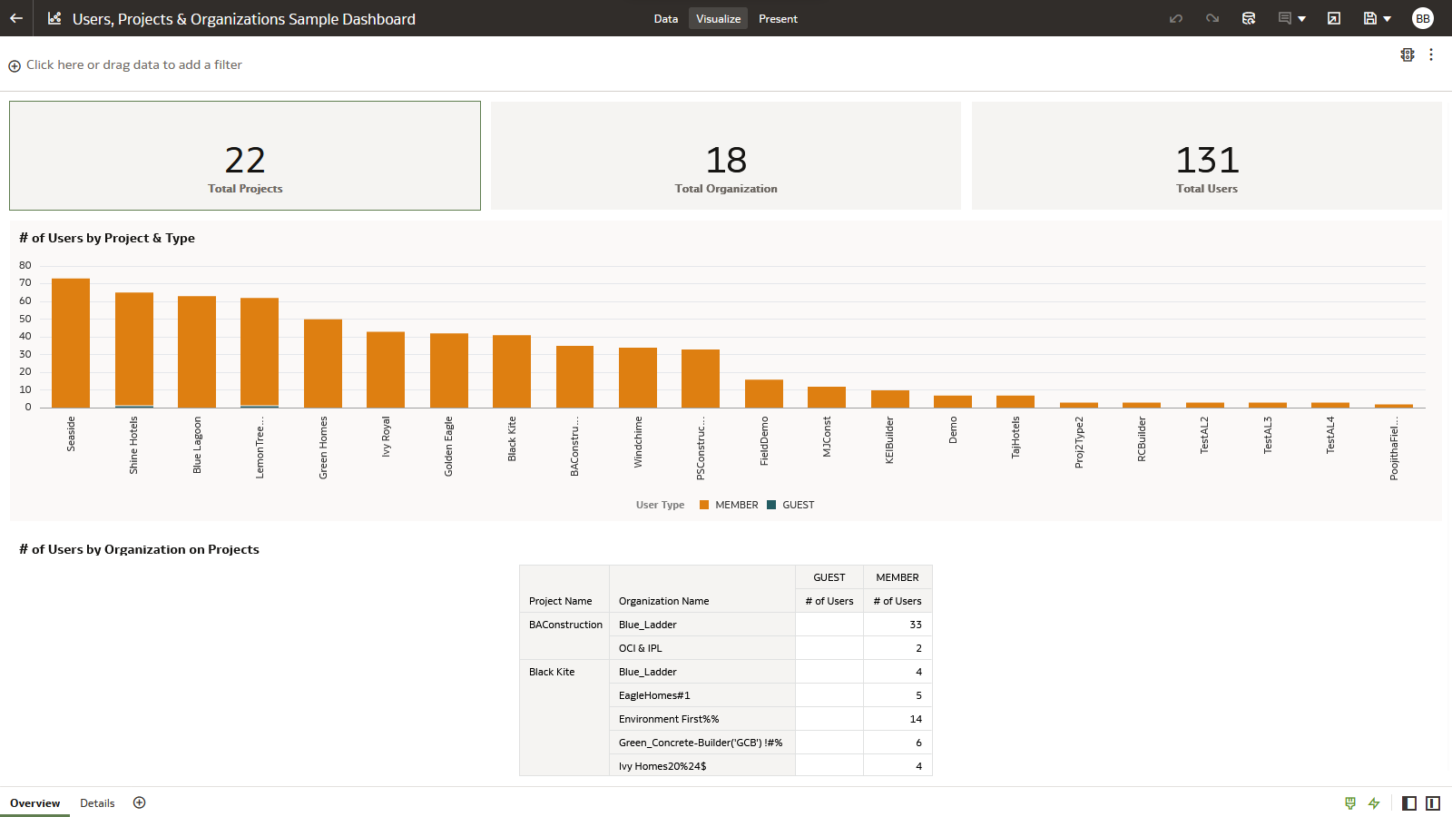Example of an Aconex Users, Projects, and Organizations Dashboard.
