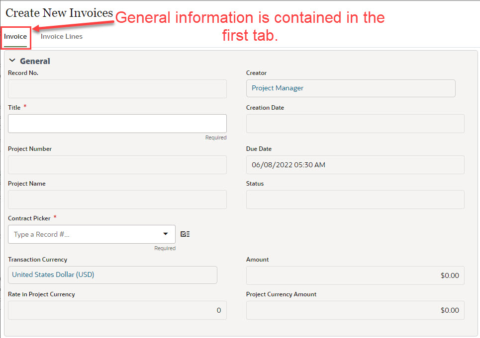 General information is contained in the first tab called Invoice.