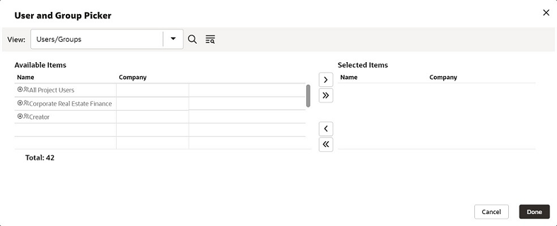 This is an example image of what the user and group picker looks like. It has two lists: An available items list and a selected items list.