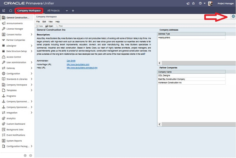 This image shows an example company workspace tab in Admin mode.