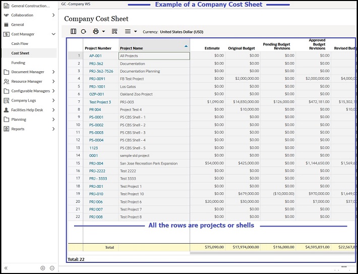 This image displays an example company cost sheet. All rows in the log are projects or shells.