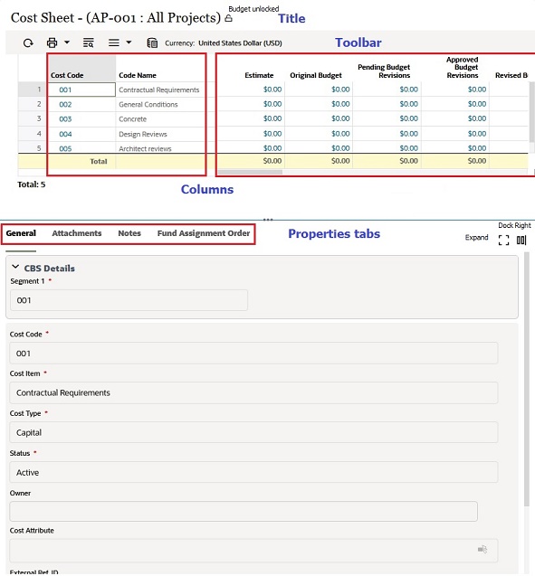 This image displays the various parts of the cost sheet window.