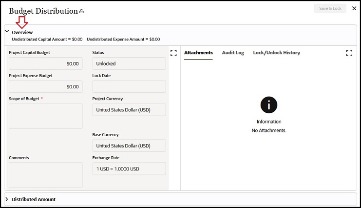 This image displays the overview block of the Budget Distribution window.