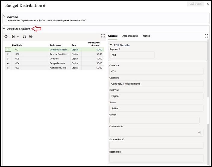 This image displays the Distributed amount block of the Budget Distribution window,