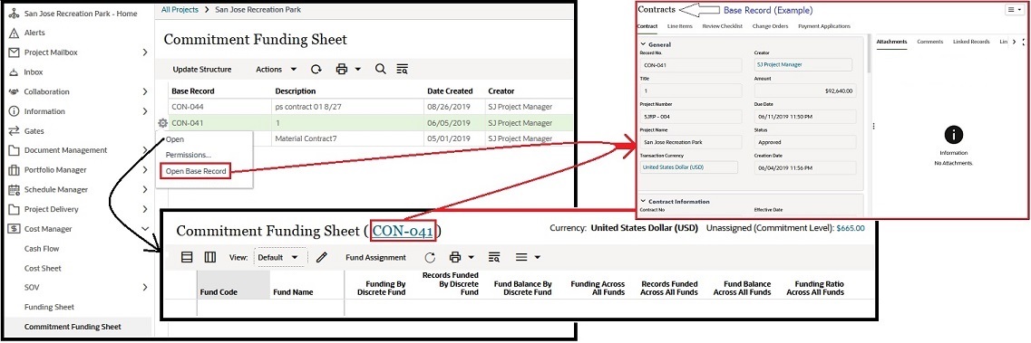 This image displays a base record being opened from the commitment funding sheet log.
