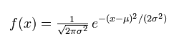 F of x equals 1 over the square route of 2 pi sigma squared, times c to the power of negative parentheses x minus mu squared divided by parentheses 2 times sigma squared.