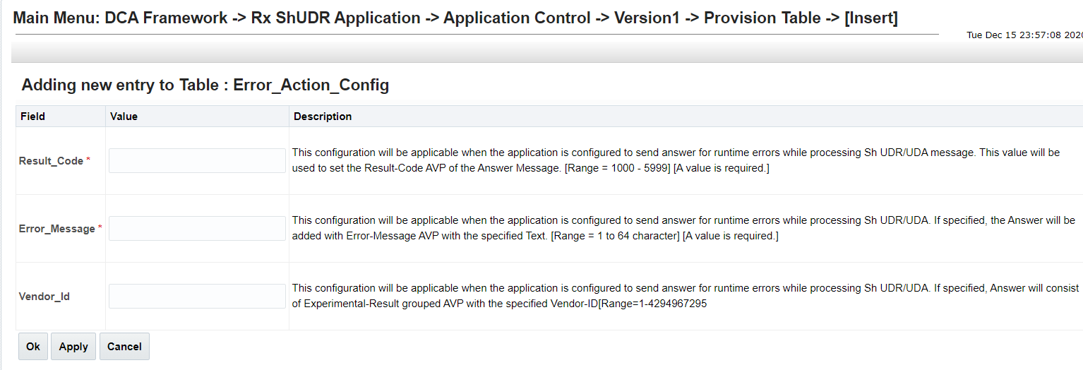 Error_Action_Config Provision Table Insert Screen