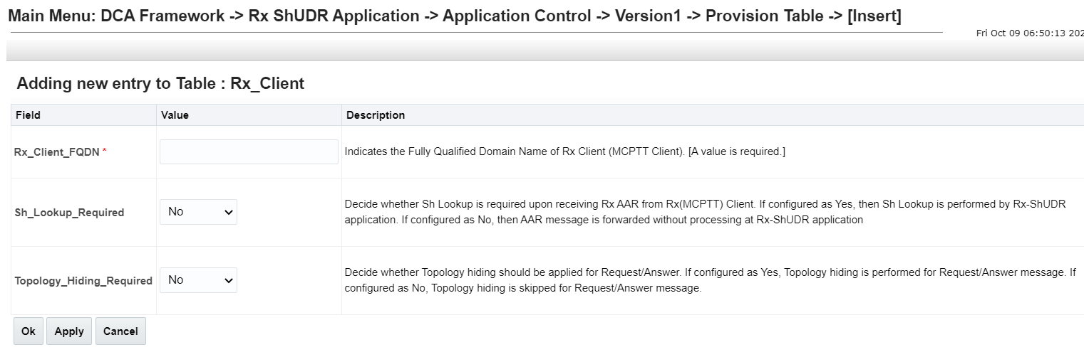 Rx_Client Provision Table Insert Screen