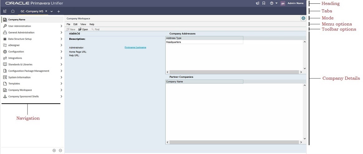 This image displays the company workspace landing page when you are in admin mode.