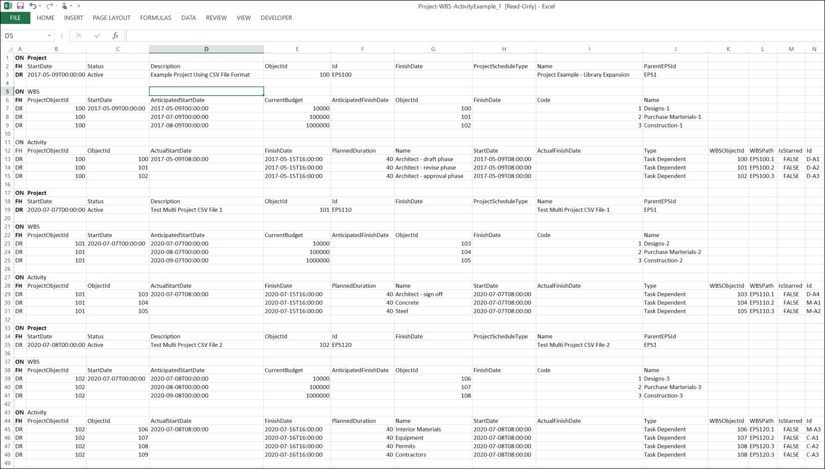 An Excel File with Multiple Projects Organized by Projects: Example