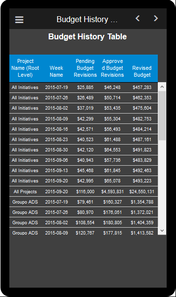 Budget Section of Cost Sheet History