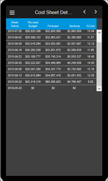 The Cost Sheet Detailed section of the Unifier Cost Sheet History Mobile application.