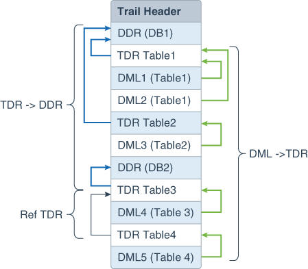 図は、自己記述型の証跡ファイル・フォーマットのメタデータ・レコードが動作する方法を示しています