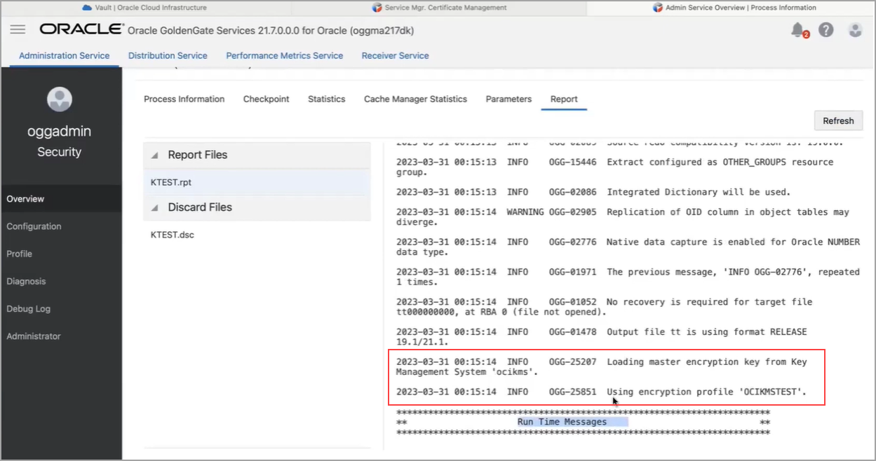 OCI KMS暗号化プロファイルの使用を示すExtractレポート・ファイル。