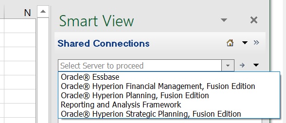 EPM Workspaceへの共有接続の例。ドロップダウン・メニューには、接続可能なFinancial ManagementおよびStrategic Planningなど、いくつかのEPMシステム・アプリケーションが表示されます。