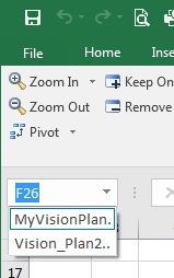新しいグラフィックの例が必要。新たに名前を変更されたMyVisionPlan1Gridという範囲がドロップダウン・リストに表示されているExcelの「名前ボックス」