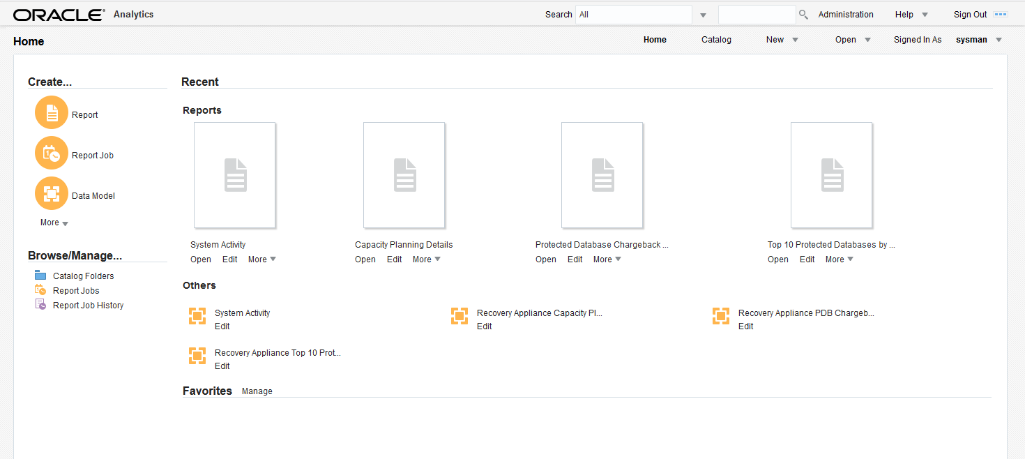 Oracle Analytics Publisherのホーム画面 Oracle Analytics Publisherのホーム画面