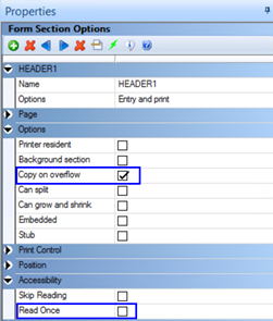 This figure shows using the form section options (read once setting) in Documaker Studio