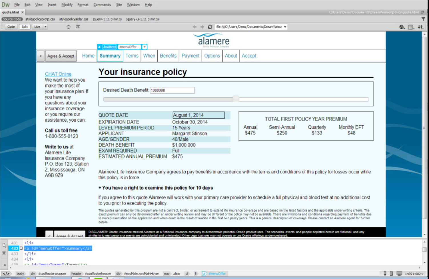 Image represents example of life quote in dreamweaver.