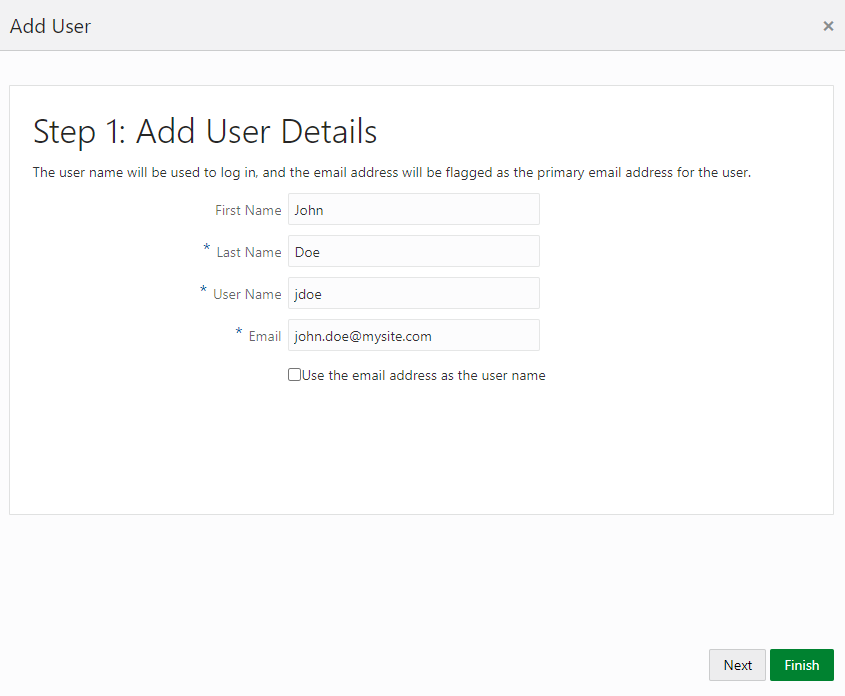 This illustration shows the Add User Details window, you must specifythe user details such as First Name, Last Name, User Name, and Email.