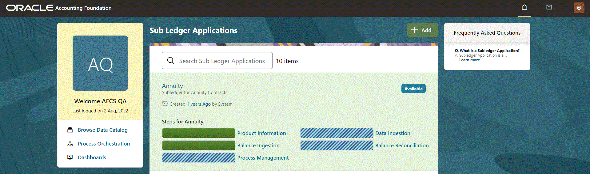 The Subledger Application Window displays the various functions available on the UI.