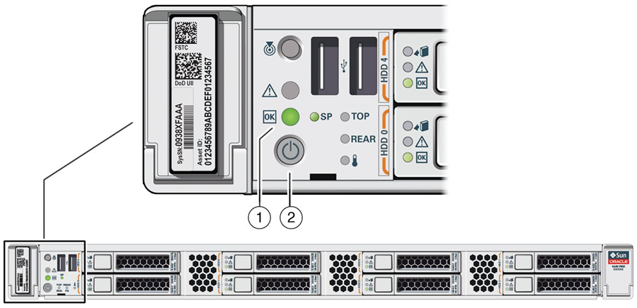 This figure shows the location of the Power/OK LED and Power button on the Oracle Private Cloud Appliance management node.